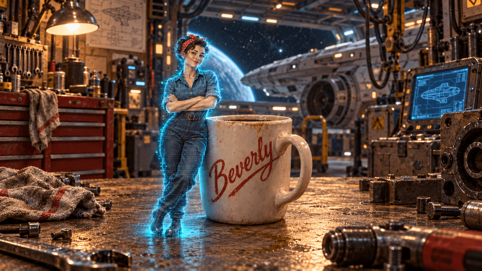 A miniature holographic Beverly stands beside her named coffee mug on a workbench in a spaceship repair bay.