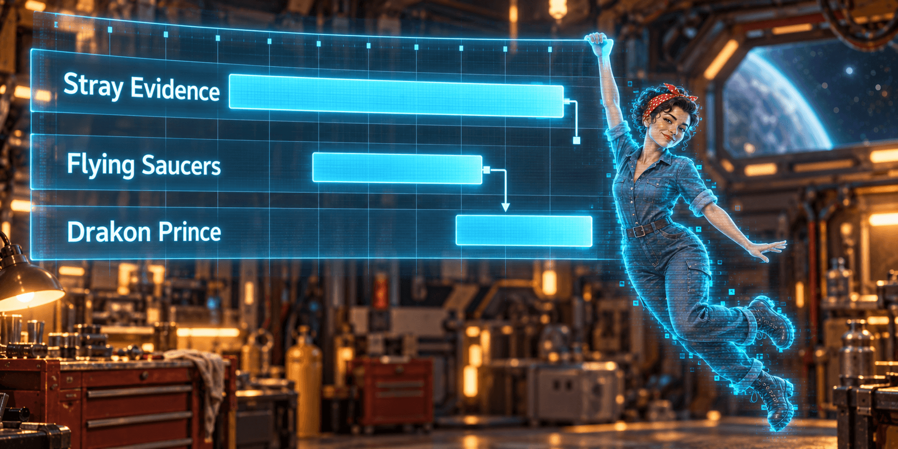 A glowing holographic woman in denim coveralls and a polka-dot bandana swings from a floating project-schedule chart showing Stray Evidence, Flying Saucers and Drakon Prince in a cluttered spaceship repair bay.