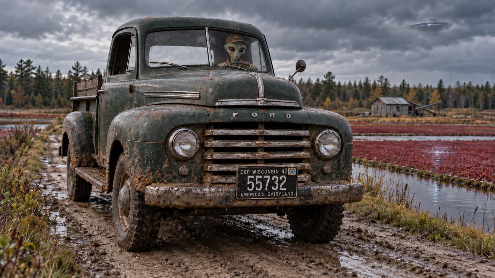 A gray-green alien in a farm cap drives a muddy vintage Ford beside a Wisconsin cranberry bog; its license plate reads 55732.