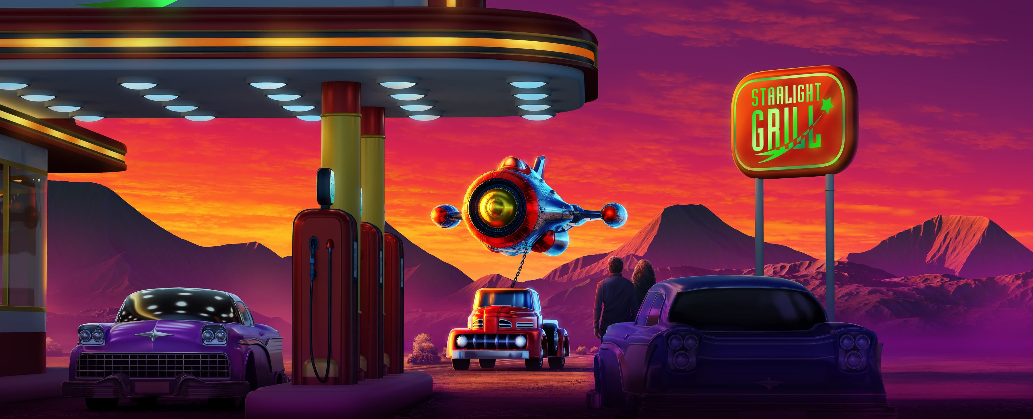A retro roadside garage beneath a vivid alien sky