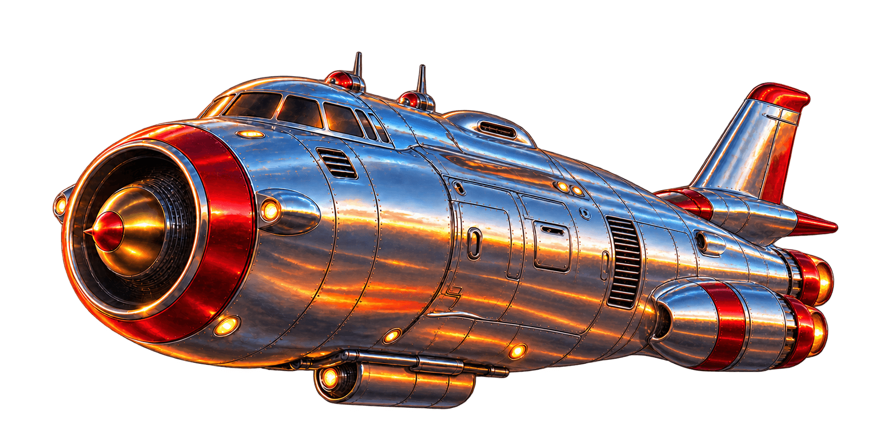 Calypso, a chrome-covered retro-futurist freighter from Spaceship Mechanic