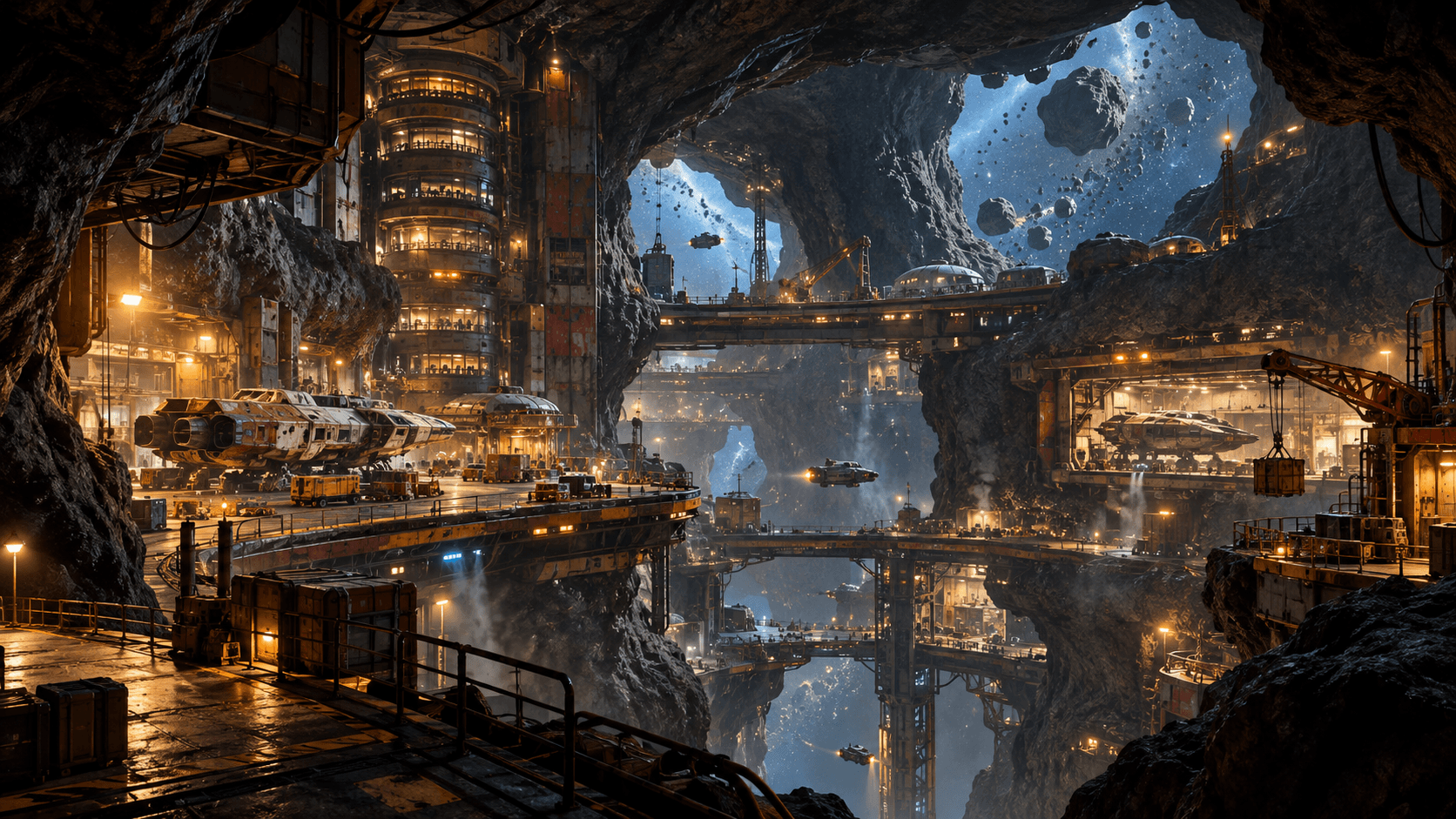 Patience Station inside a vast hollow asteroid, with repair bays, work lights, and ships
